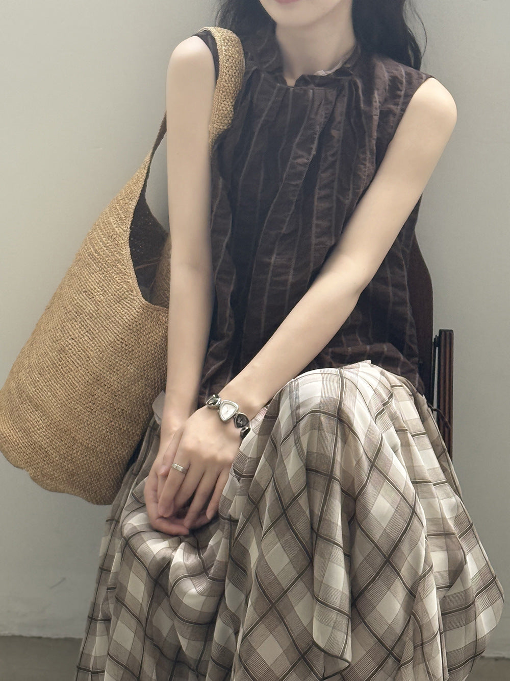 日系原宿風條紋背心＋格紋半身裙-兩件式套裝(分開販售)