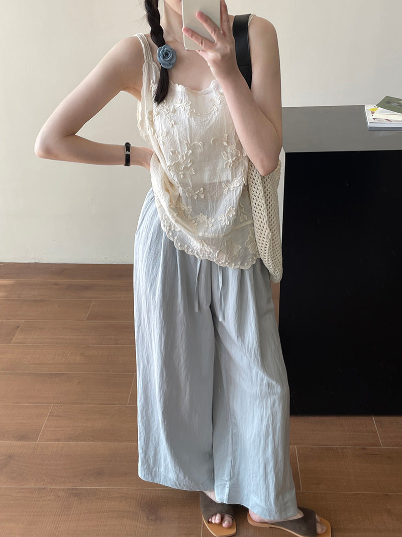 甜妹重工刺繡蕾絲緹花吊帶背心上衣-2色
