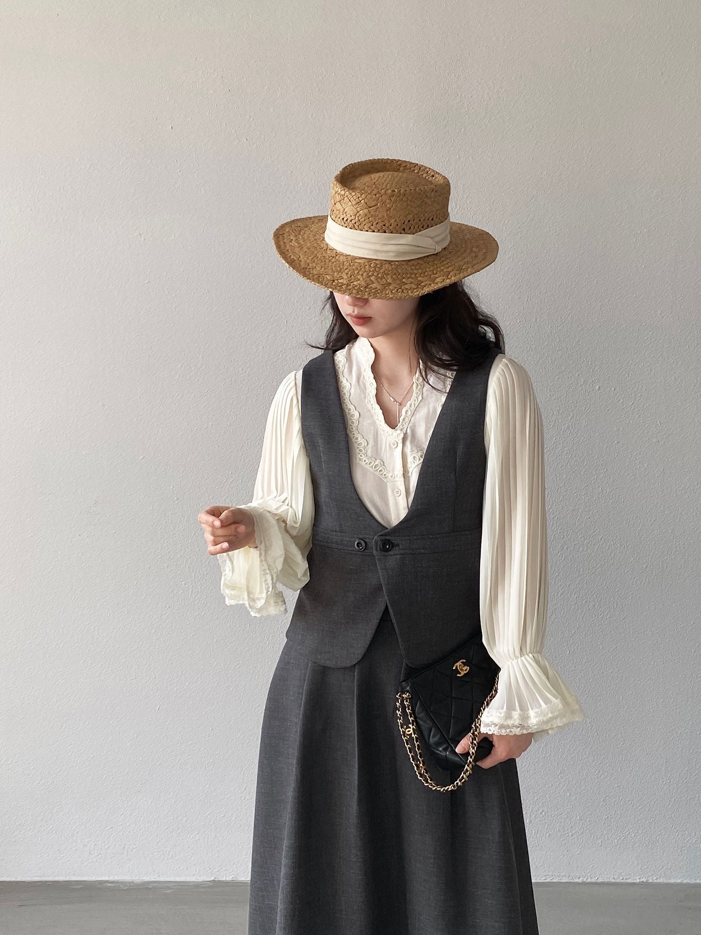 韓系通勤西裝氣質兩穿顯瘦馬甲+休閒半身裙-兩件式套裝