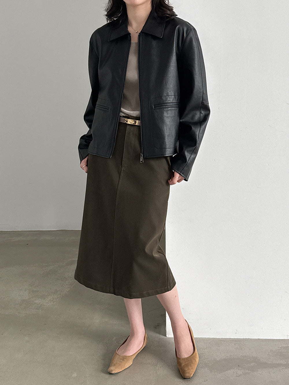 復古高級感翻領PU短版機車皮衣外套