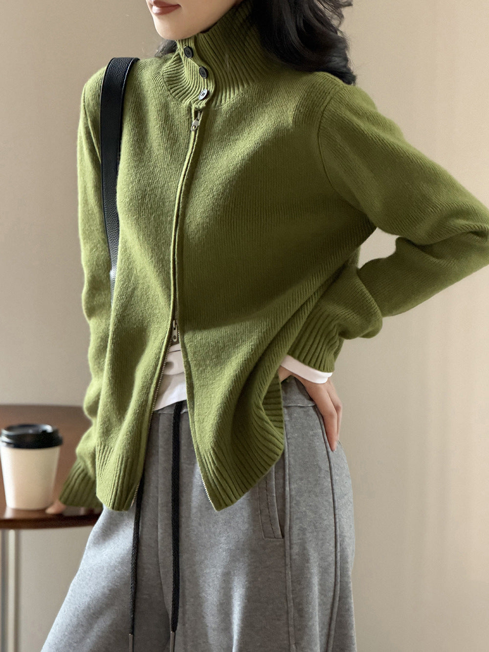高領雙拉鍊坑條加厚寬鬆針織開衫-7色
