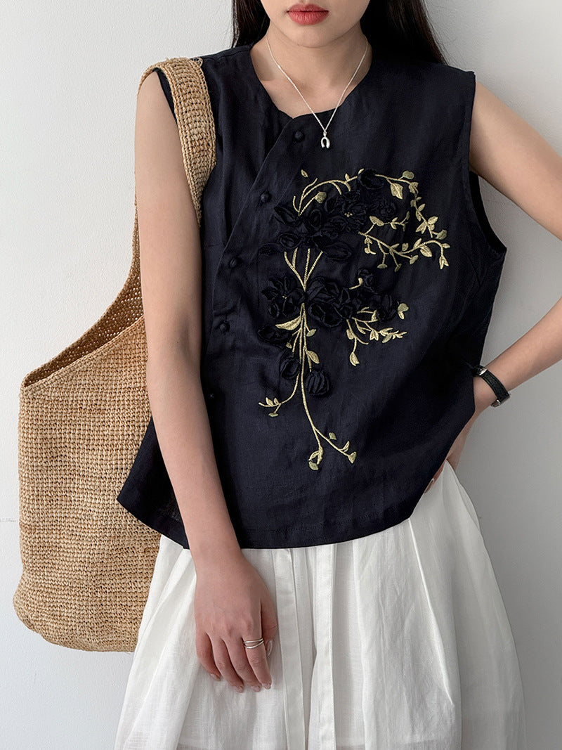 韓系刺繡新中式亞麻無袖馬甲-2色