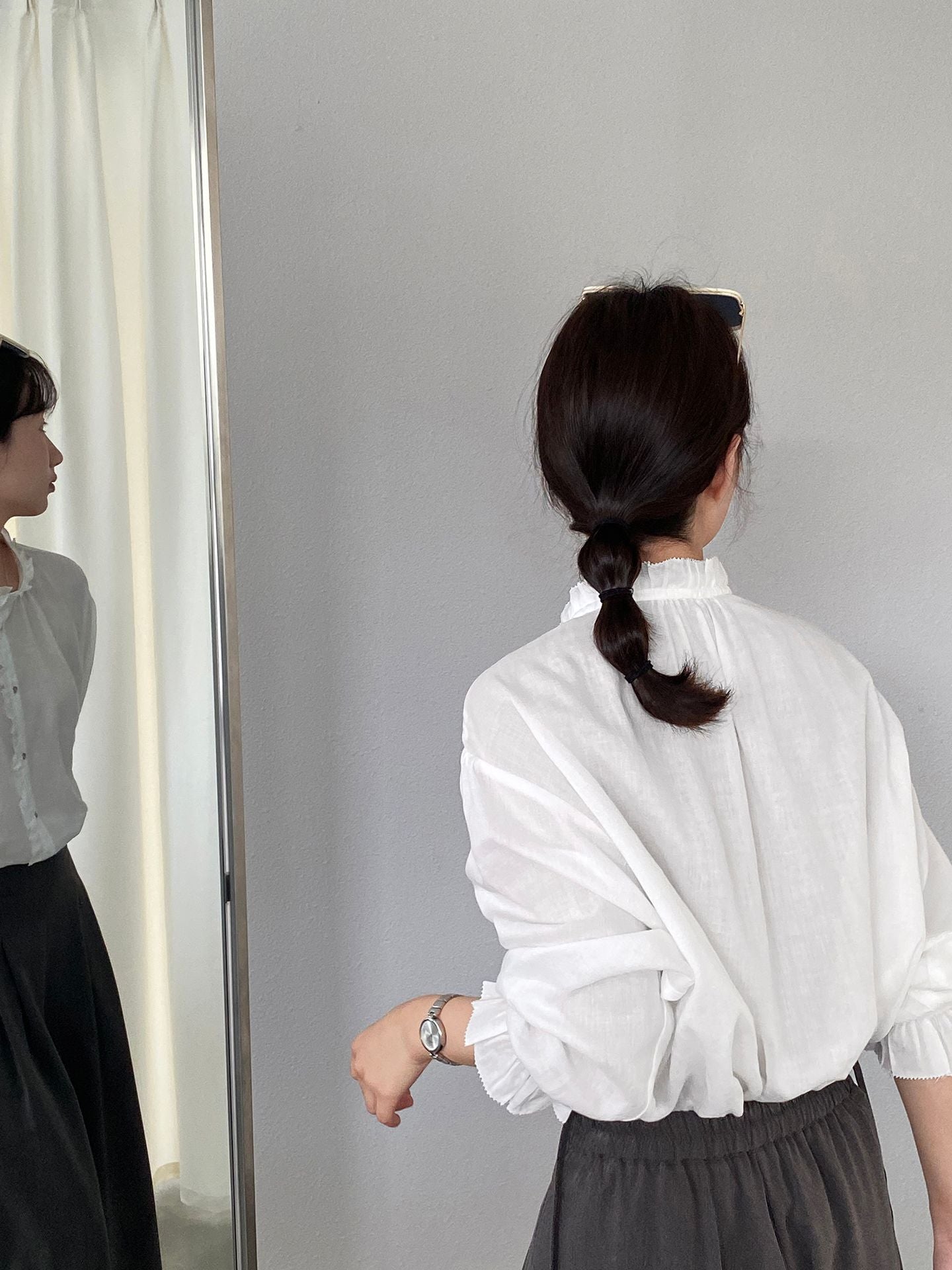 韓系復古木耳花邊領寬鬆喇叭袖苧麻襯衫-2色