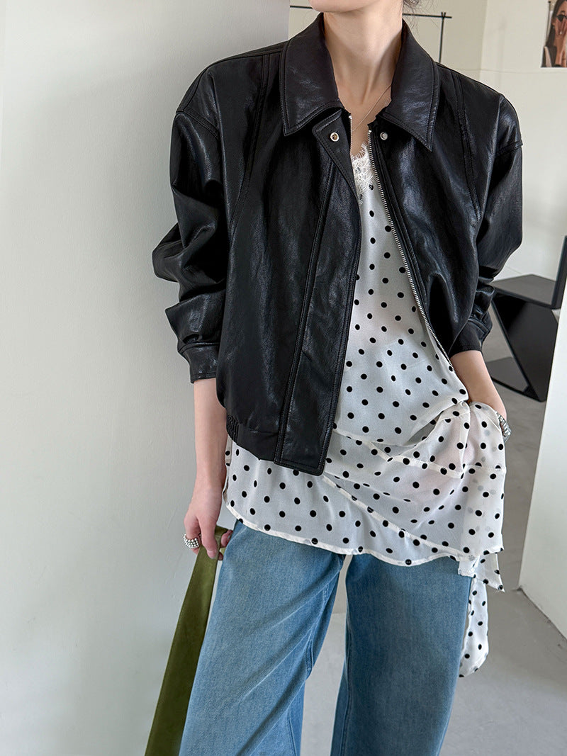 韓版復古翻領拉鍊機車皮衣夾克外套--2色