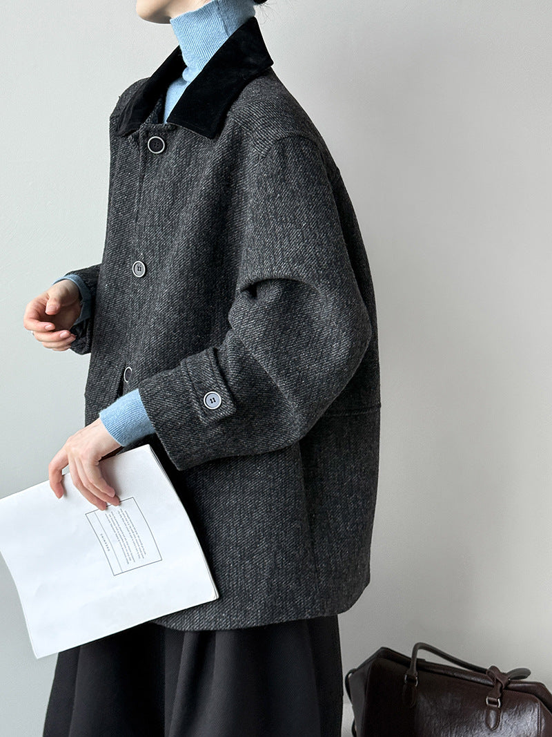 韓系復古翻領氣質撞色羊毛夾克外套-2色