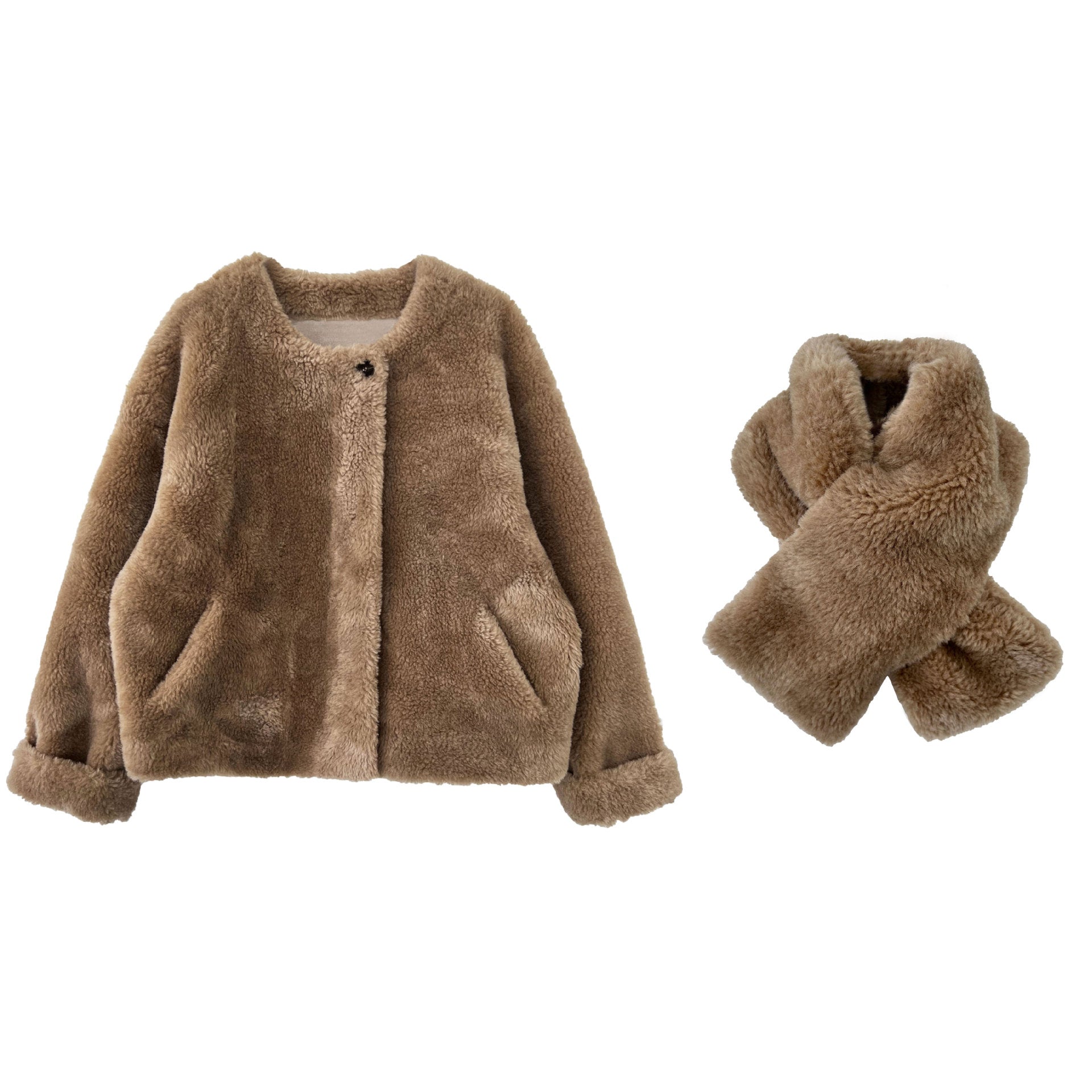 保暖毛絨皮草羊羔毛外套+圍巾-2色