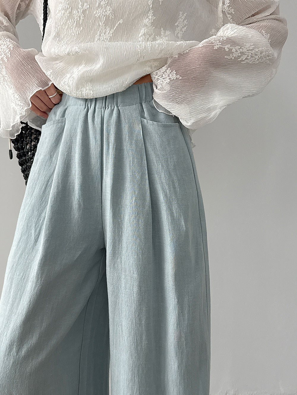 韓系亞麻垂墜感鬆緊腰闊腿褲-3色