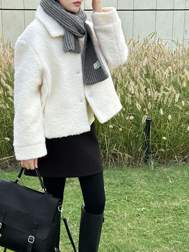 韓版單排扣短款羊羔毛翻領外套-2色