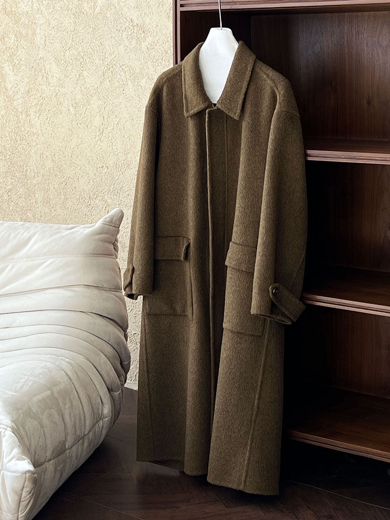 韓系高質感羊毛翻領拉鍊雙面呢大衣外套-2色