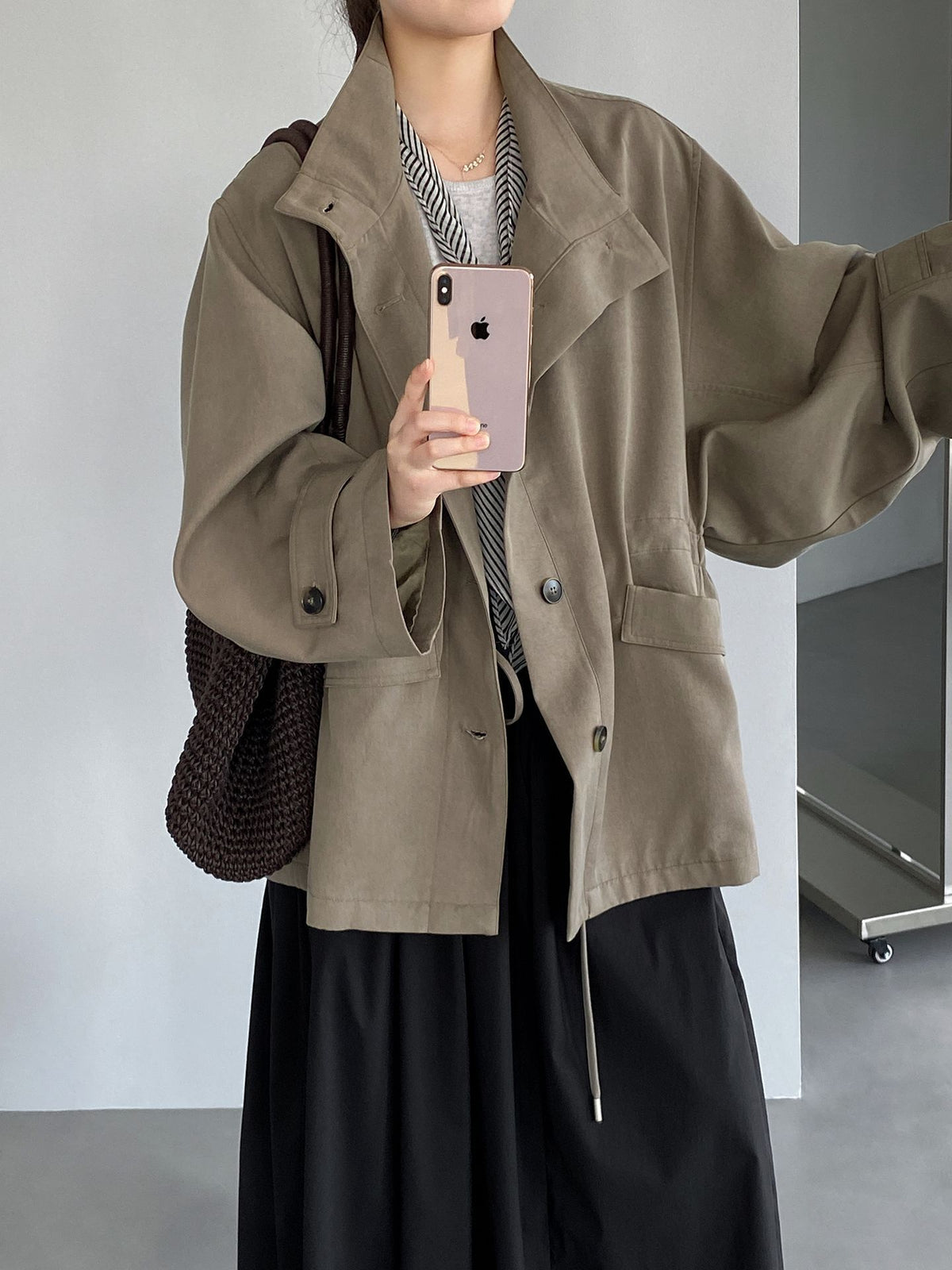 復古英倫風立領收腰中長版風衣外套