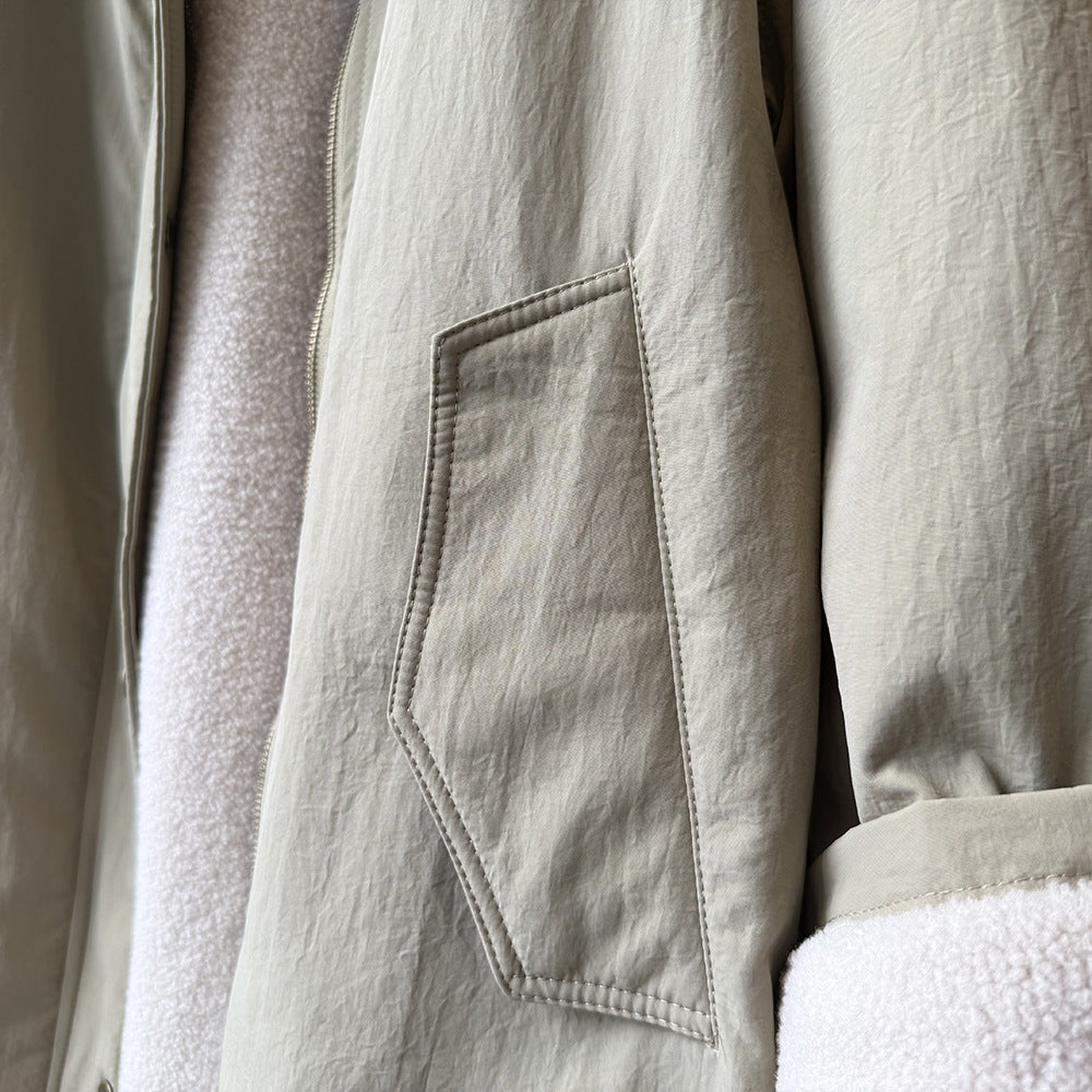 韓系設計感立領羊羔毛工裝保暖派克外套-2色