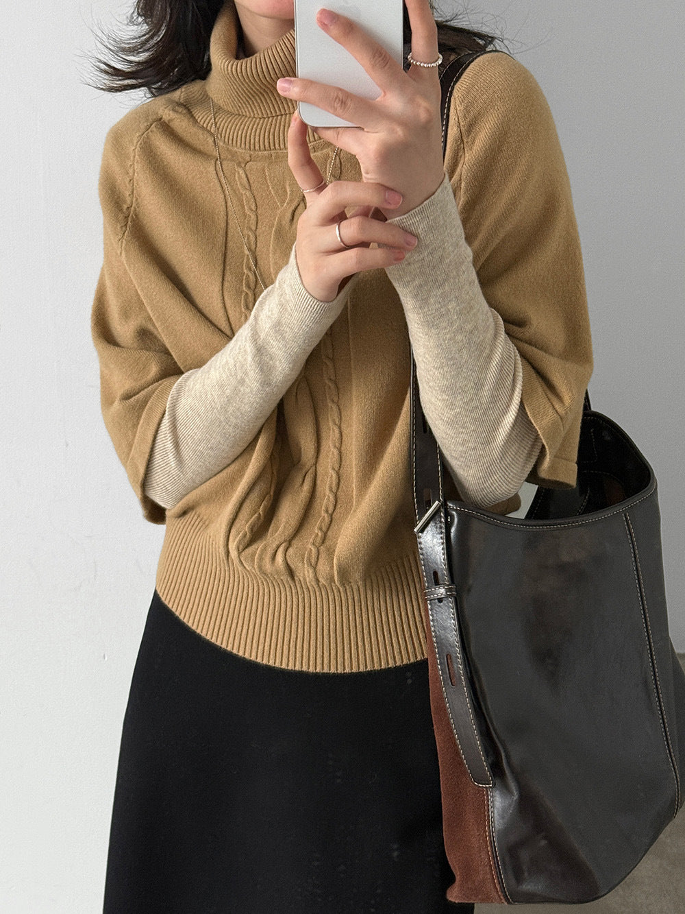 韓系高領羊毛蝙蝠袖短袖針織毛衣-4色