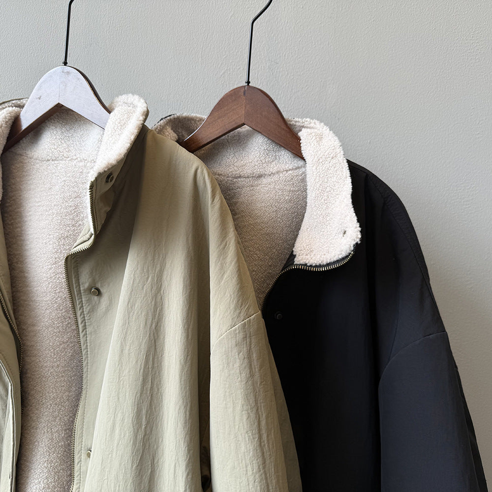 韓系設計感立領羊羔毛工裝保暖派克外套-2色
