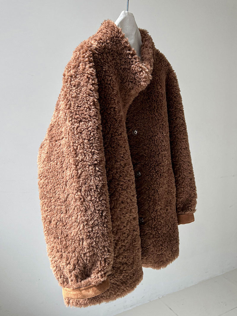 美拉德立領羊羔毛皮毛一體外套大衣-2色