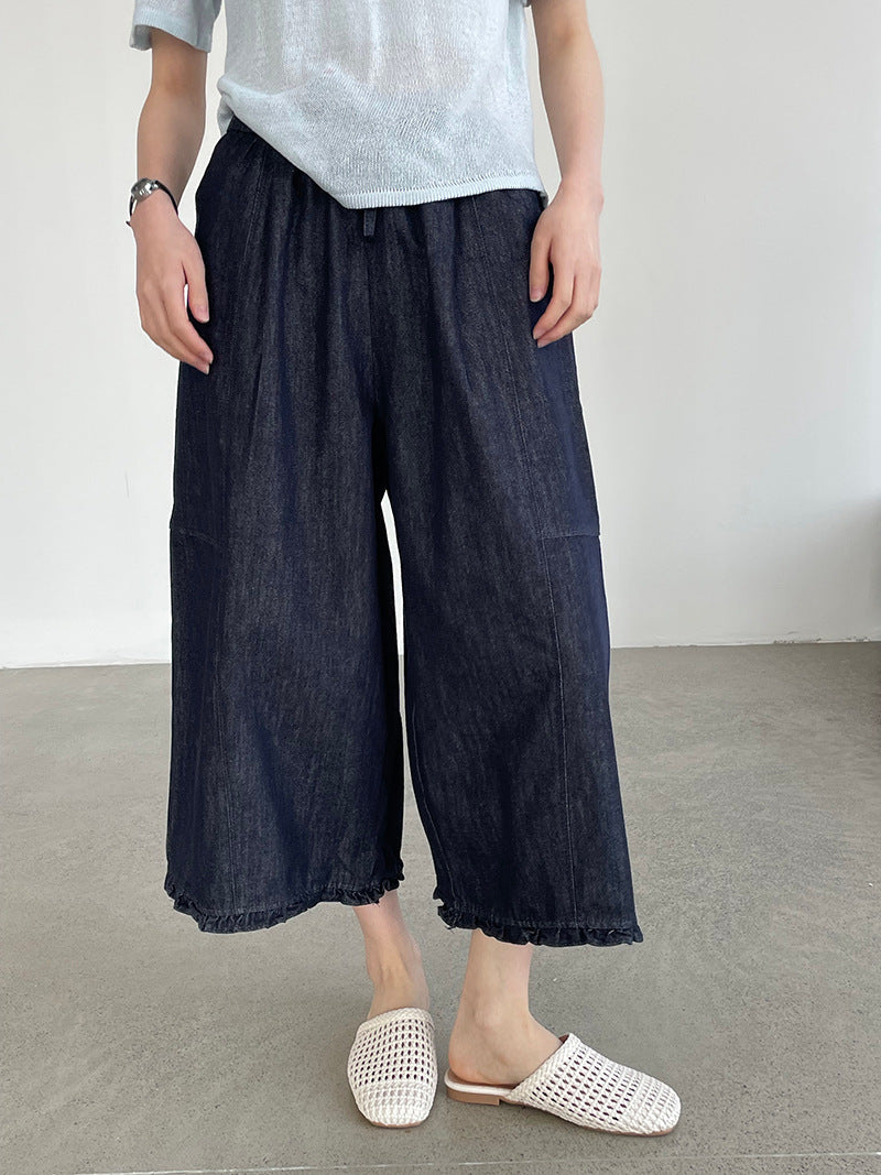 韓系木耳邊鬆緊牛仔闊腿九分褲