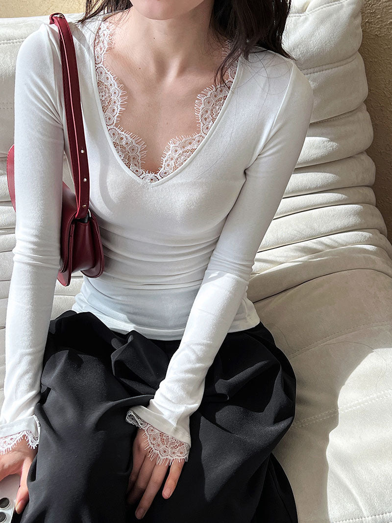 性感純欲風V領蕾絲花邊打底衫-2色