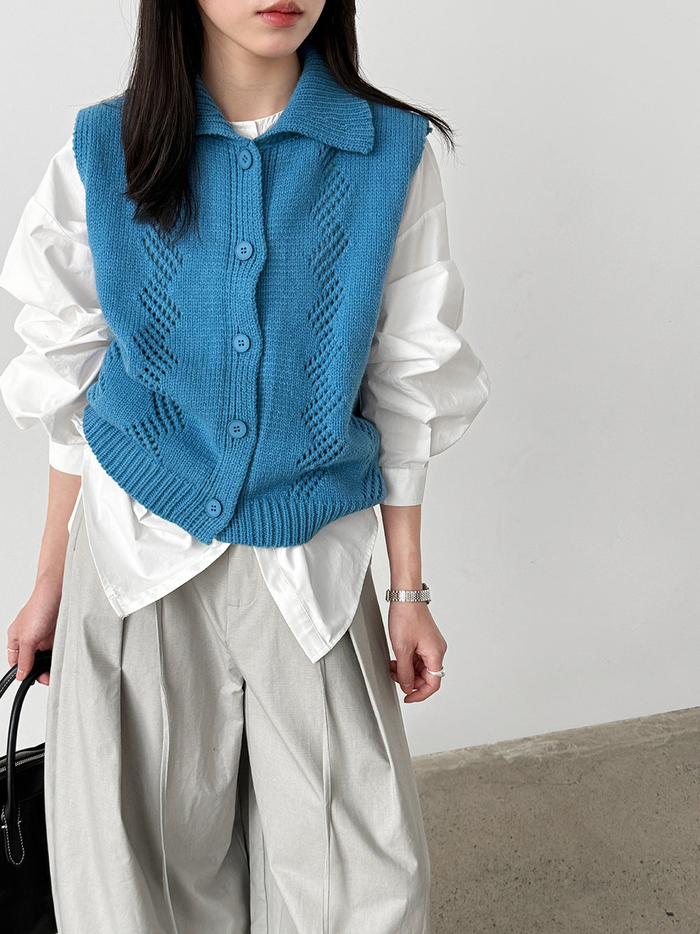 韓系翻領鏤空鉤花無袖坎肩針織馬甲背心-3色
