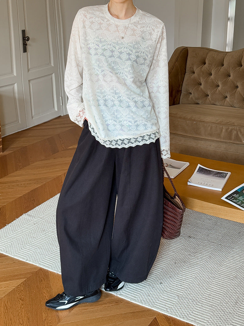 韓系圓領緹花蕾絲鏤空針織打底衫