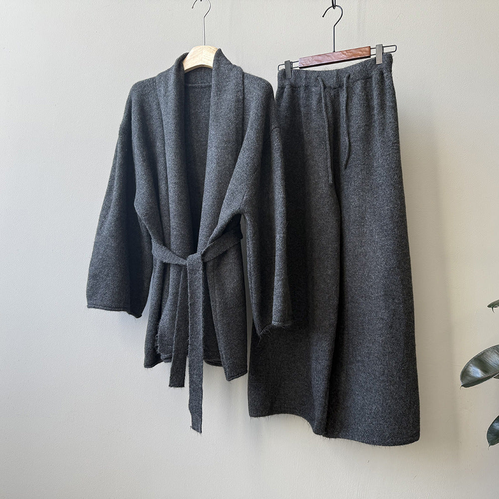 (48H出貨)高級慵懶風繫帶針織開衫+高腰闊腿褲-兩件式套裝-3色