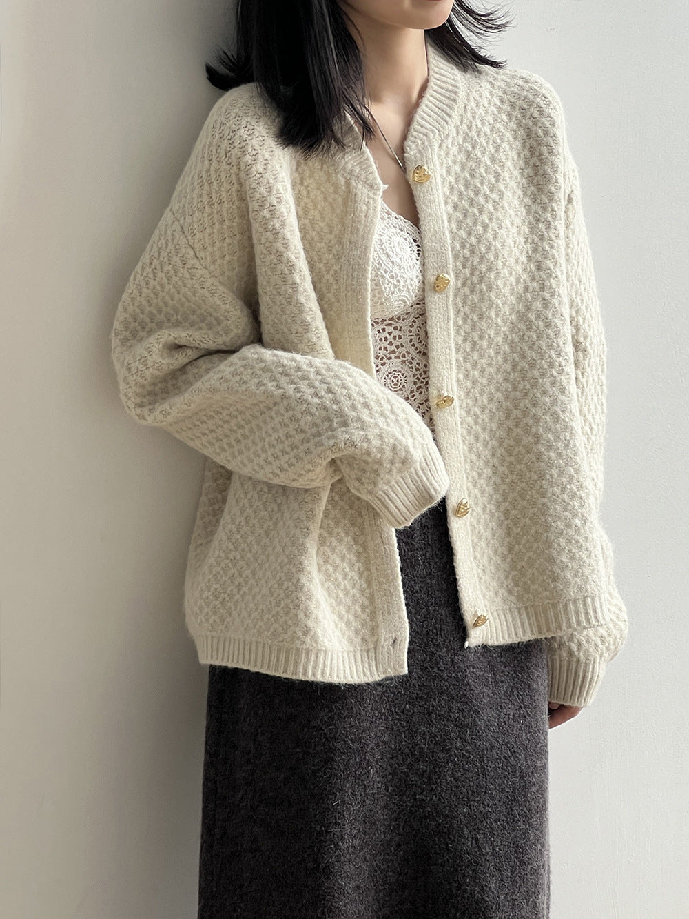 菠蘿紋愛心慵懶扣軟糯針織開衫-3色