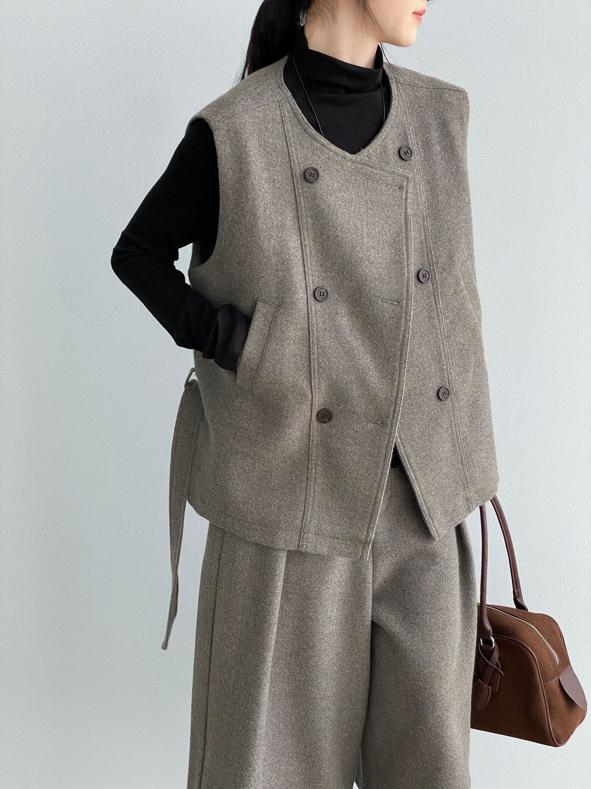 老錢風氣質馬甲+闊腿中褲-兩件式套裝(上下分售)