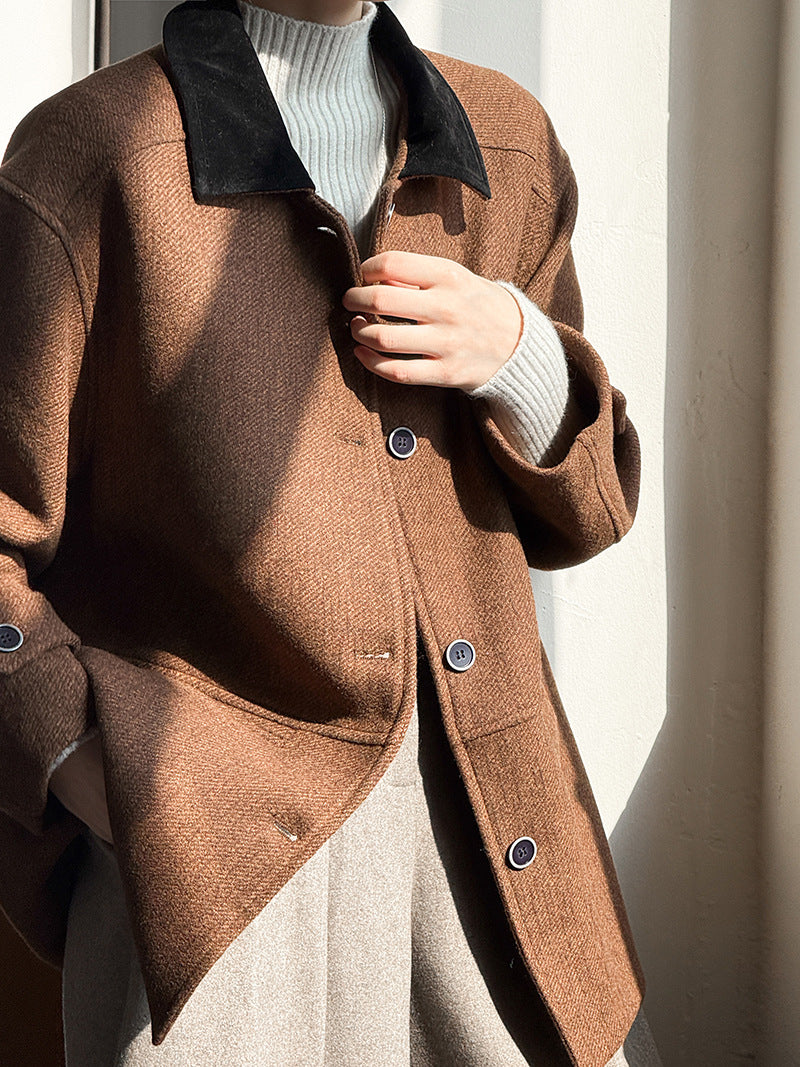 韓系復古翻領氣質撞色羊毛夾克外套-2色