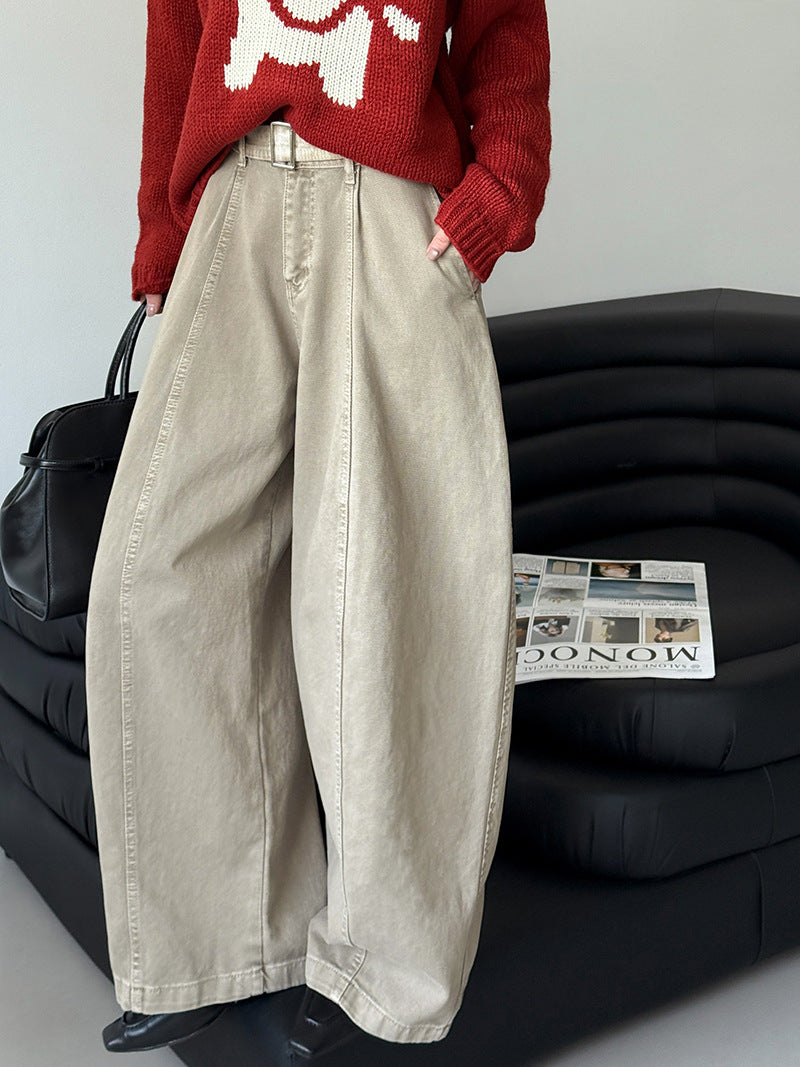 韓系復古高腰寬鬆顯瘦闊腿牛仔褲+腰帶-3色