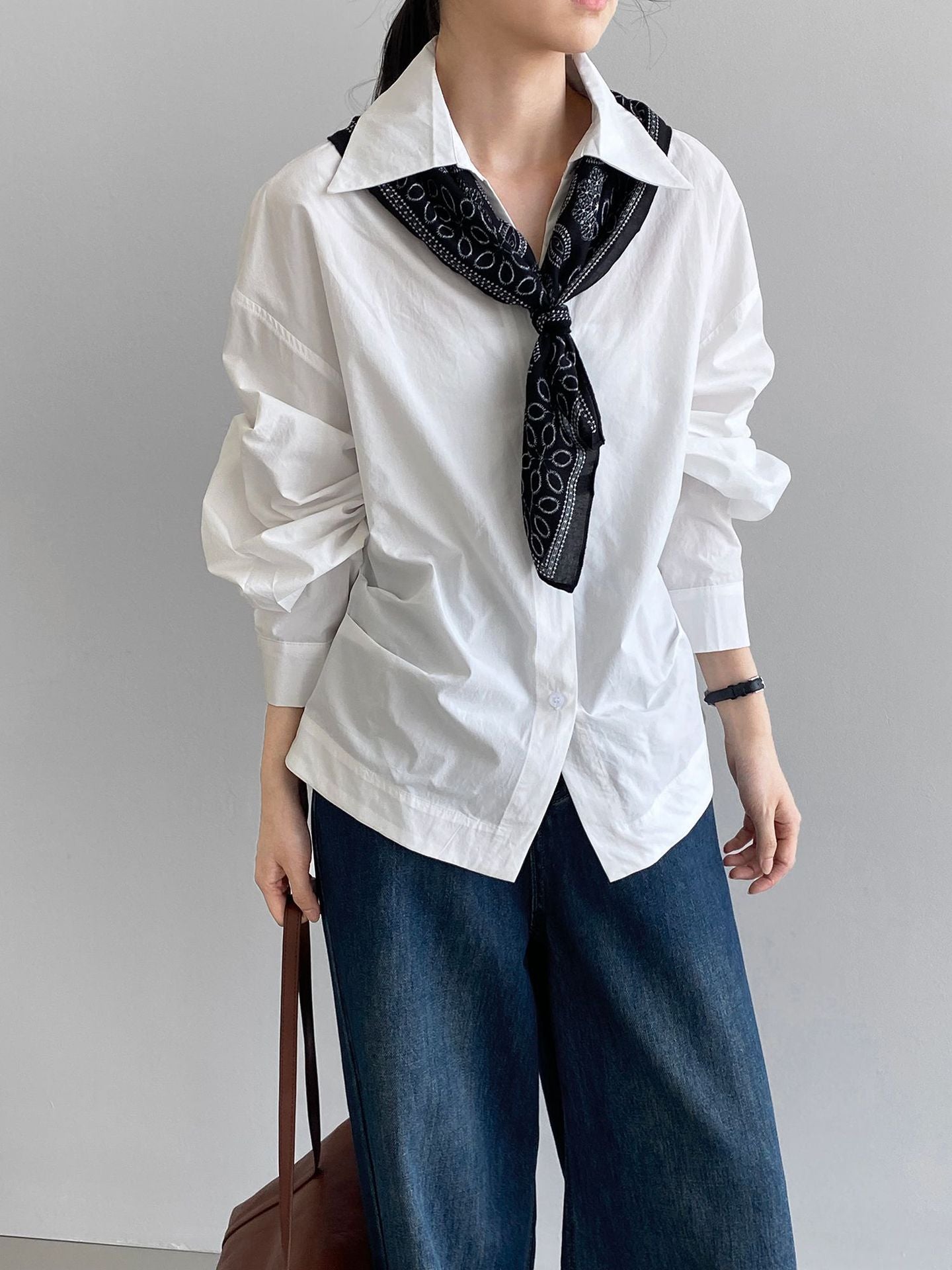 韓系通勤氣質顯瘦抽褶收腰襯衫+含披肩-3色