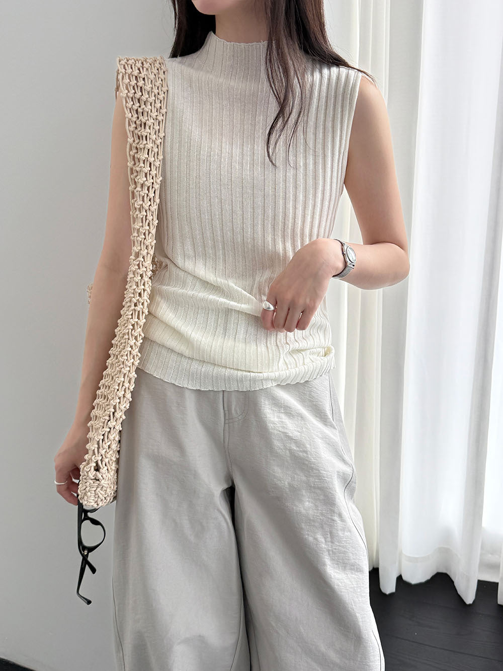 韓系半高領簡約修身綁帶無袖針織背心-6色