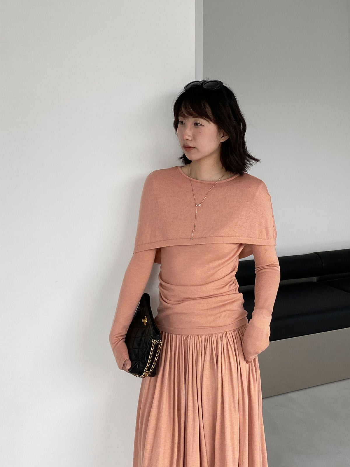 假兩件斗篷款修身長袖針織上衣-6色