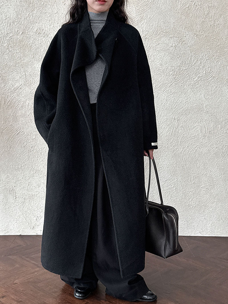 韓版慵懶斜扣領長款雙面呢羊毛大衣外套-3色