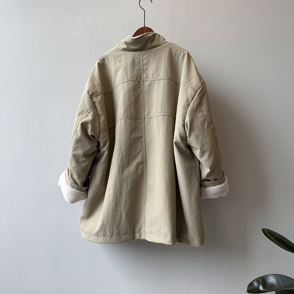 韓系設計感立領羊羔毛工裝保暖派克外套-2色