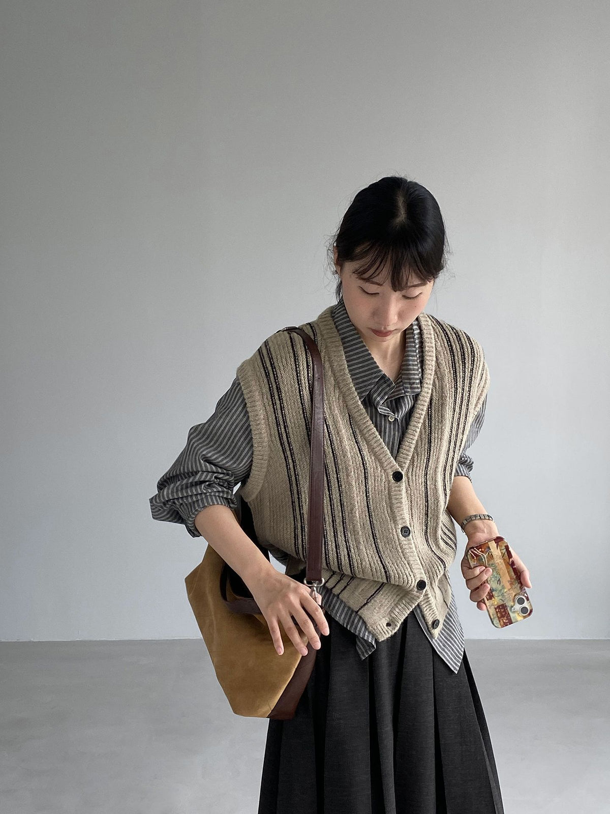 老錢風V領條紋無袖針織馬甲背心-4色