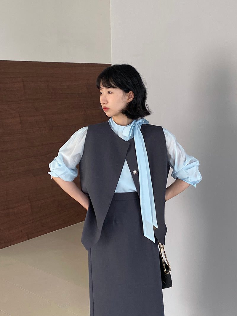 韓版高品質顯瘦西裝無袖馬甲+半身裙+配腰帶-三件式套裝