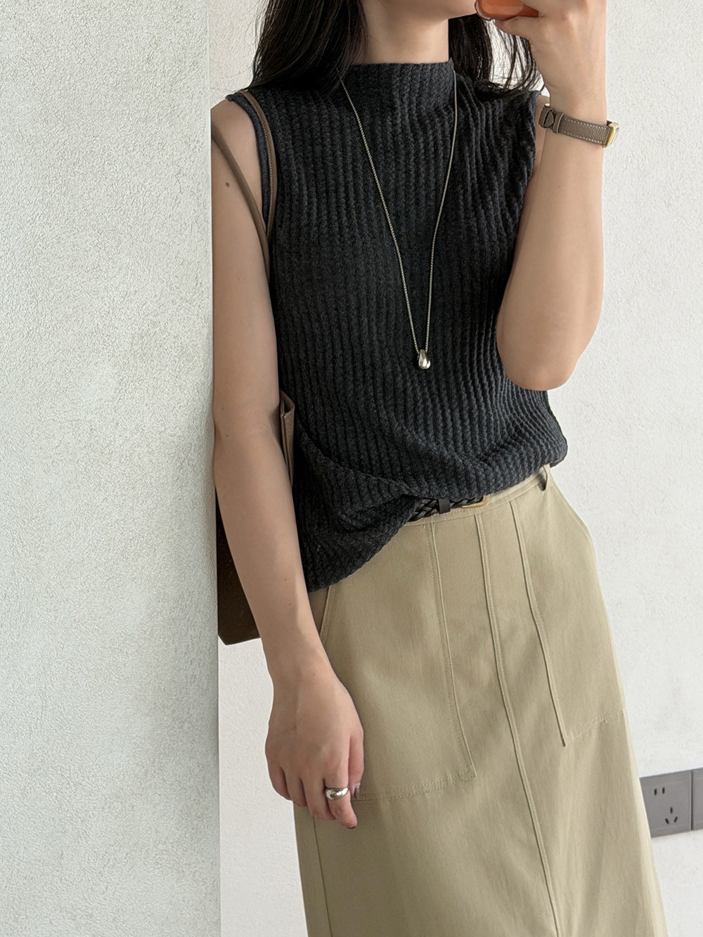 韓系肌理感坑條修身無袖針織背心-5色