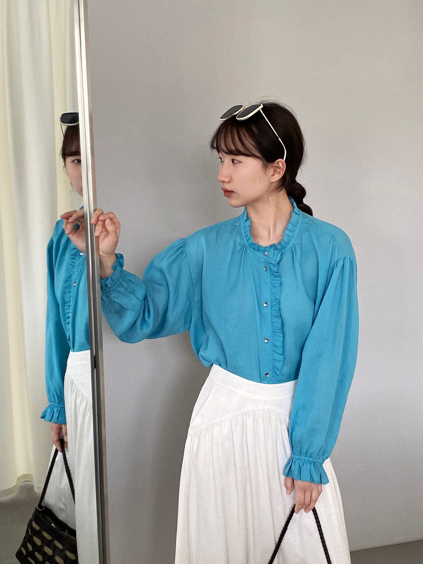 韓系復古木耳花邊領寬鬆喇叭袖苧麻襯衫-2色