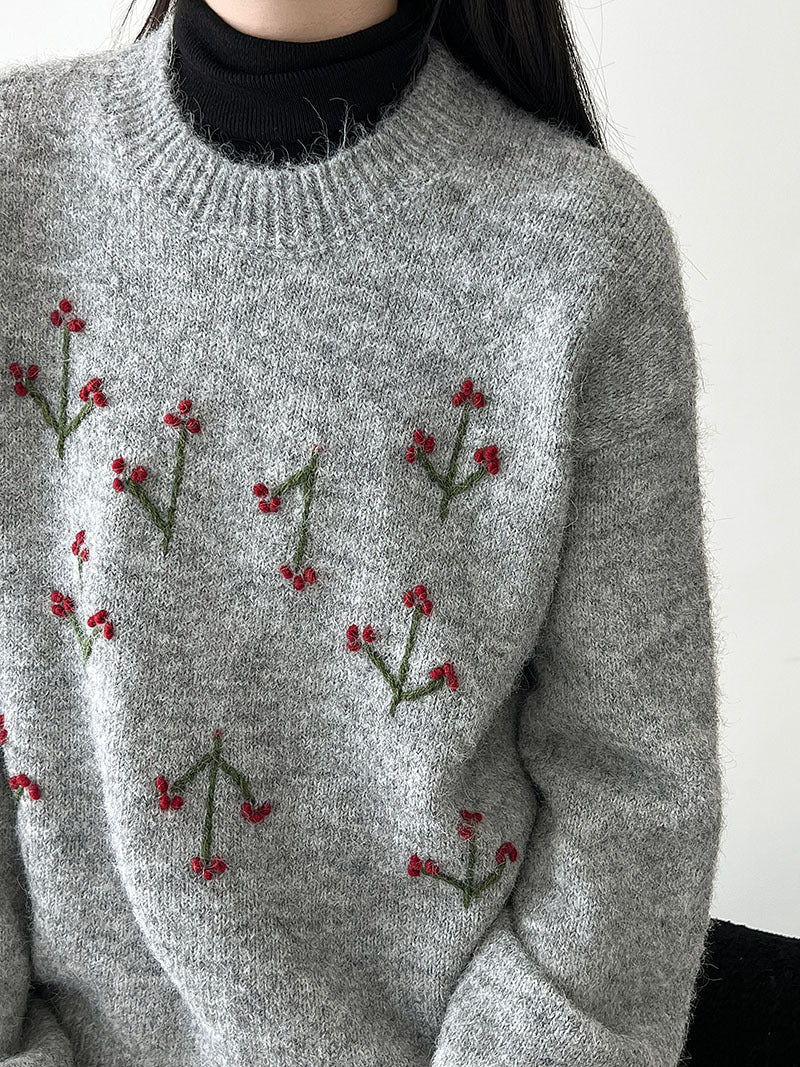 韓系溫柔氛圍感刺繡寬鬆針織上衣-3色