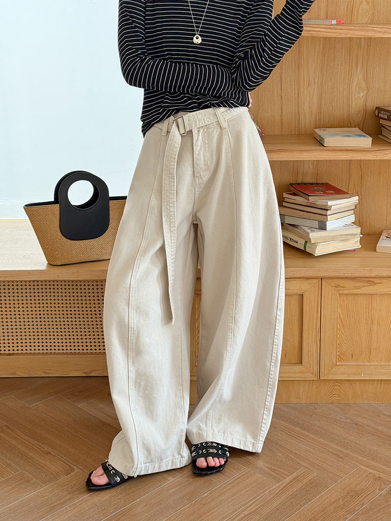 韓系復古高腰寬鬆顯瘦闊腿牛仔褲+腰帶-3色