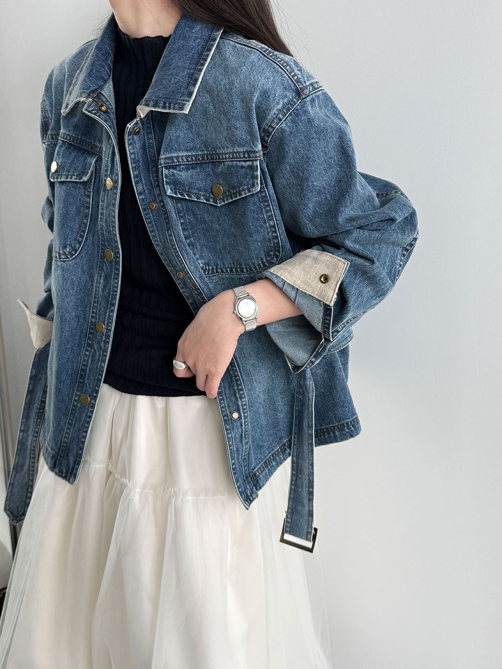 復古水洗翻領繫帶收腰牛仔夾克外套