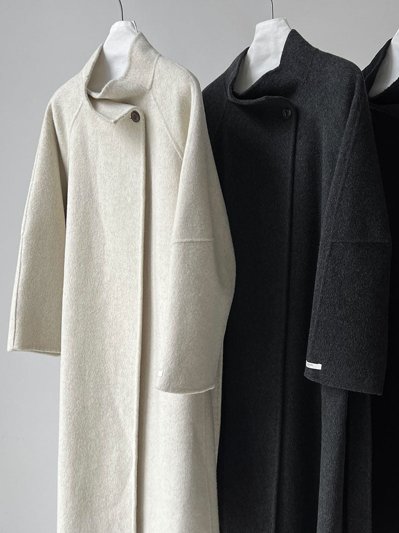 韓版慵懶斜扣領長款雙面呢羊毛大衣外套-3色