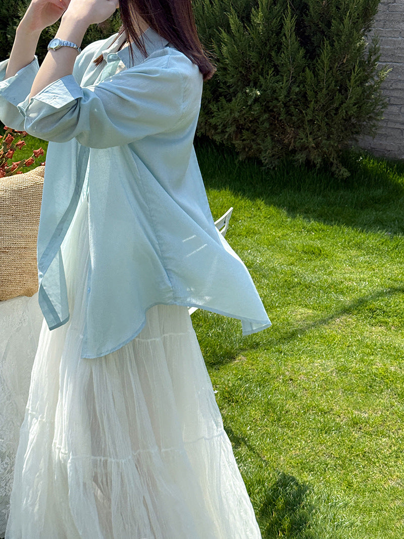 韓系天絲純欲感背後蕾絲純色襯衫外套-2色