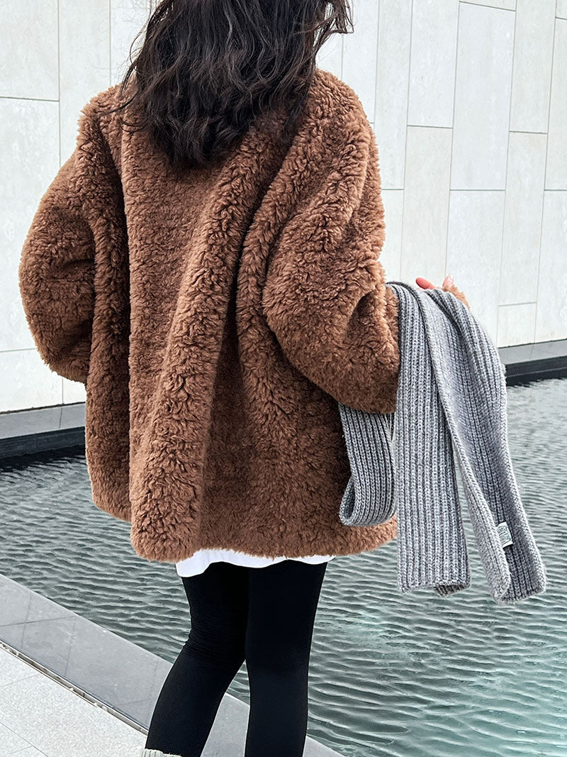 美拉德立領羊羔毛皮毛一體外套大衣-2色