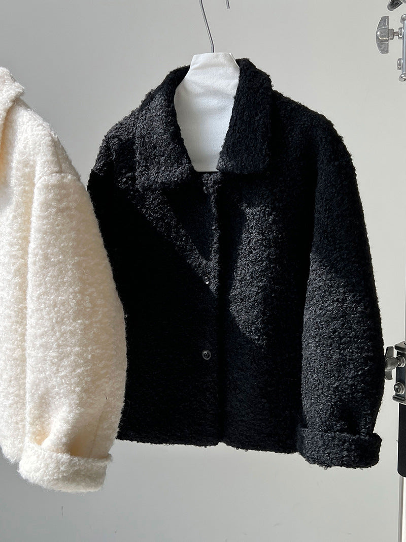 韓版單排扣短款羊羔毛翻領外套-2色
