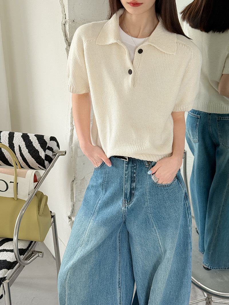 韓系氣質疊穿簡約Polo領針織顯瘦短袖毛衣-3色
