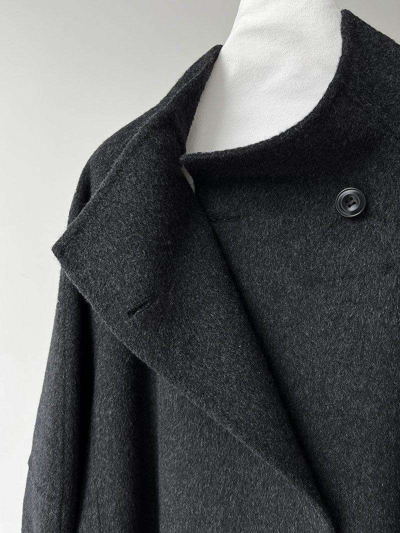 韓版慵懶斜扣領長款雙面呢羊毛大衣外套-3色