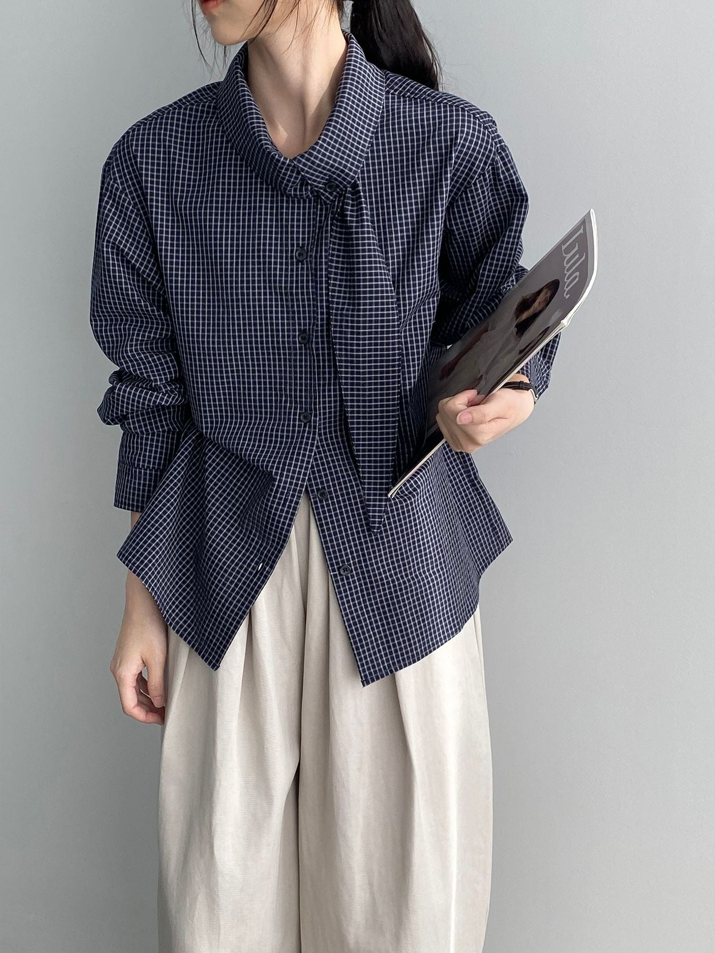 韓系設計感小衆領結格子襯衫-2色