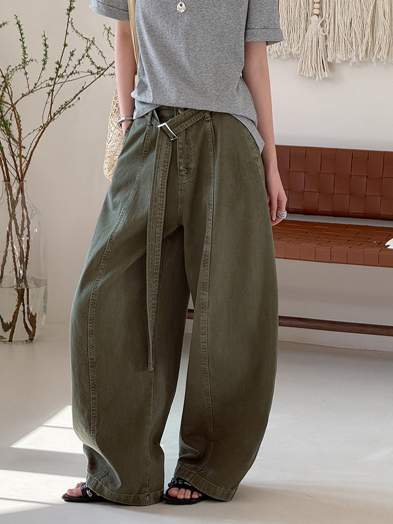 韓系復古高腰寬鬆顯瘦闊腿牛仔褲+腰帶-3色