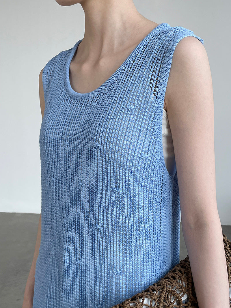 韓系側開叉圓領疊穿鏤空中長背心連身裙-4色