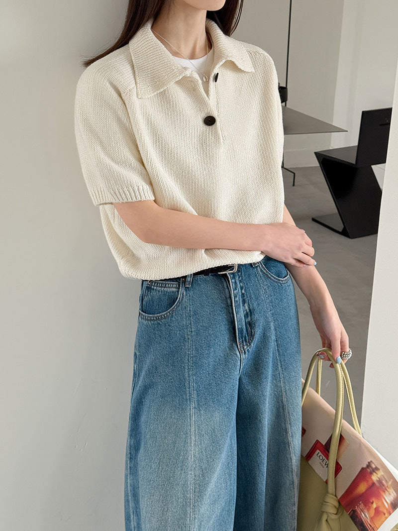 韓系氣質疊穿簡約Polo領針織顯瘦短袖毛衣-3色