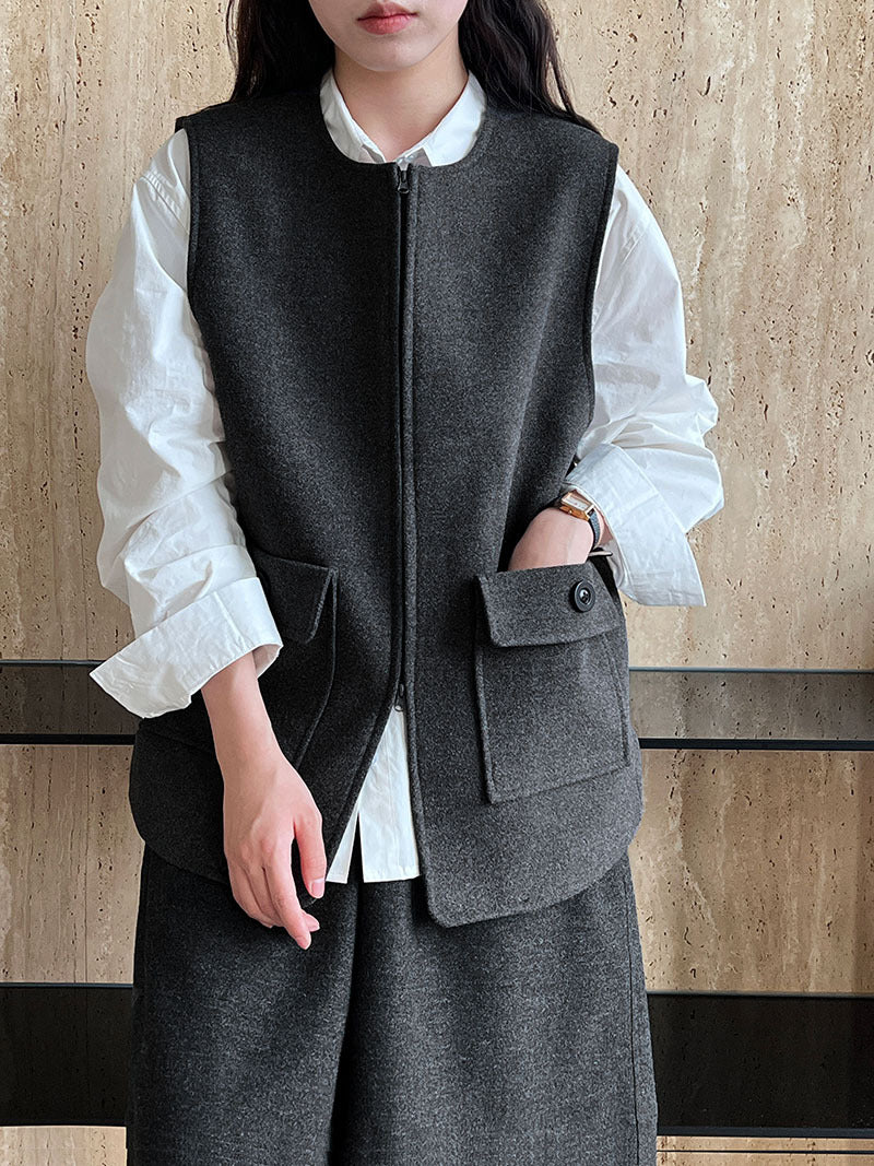 高級感寬鬆毛呢疊穿氣質圓領馬甲